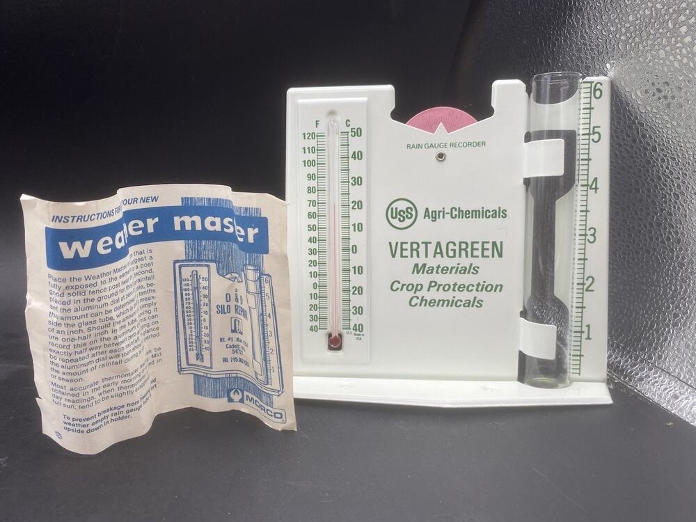 Vintage Metal USS Agri-Chemicals Advertising Rain Gauge And Rain Recorder/ New